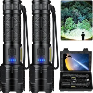 Linterna LED recargable 99.000 lúmenes superbrillante con 7 modos luz de mano USB impermeable para acampar en casa (paquete de 2)