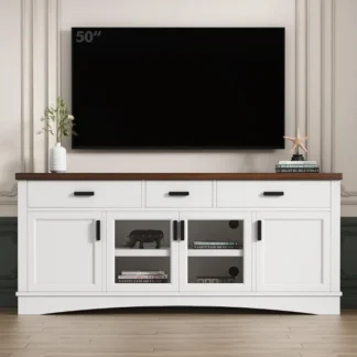 67 Soporte para TV con puertas y cajones de vidrio para sala de estar Centro de entretenimiento moderno con gabinete de almacenamiento Estantes ajustables An