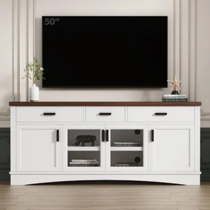 67 Soporte para TV con puertas y cajones de vidrio para sala de estar Centro de entretenimiento moderno con gabinete de almacenamiento Estantes ajustables An