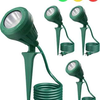Focos LED para exteriores de 120 V, enchufables de 5,5 W con 3 lentes de colores y cabezal ajustable, luces de paisaje impermeables para jardín, paquete de 4