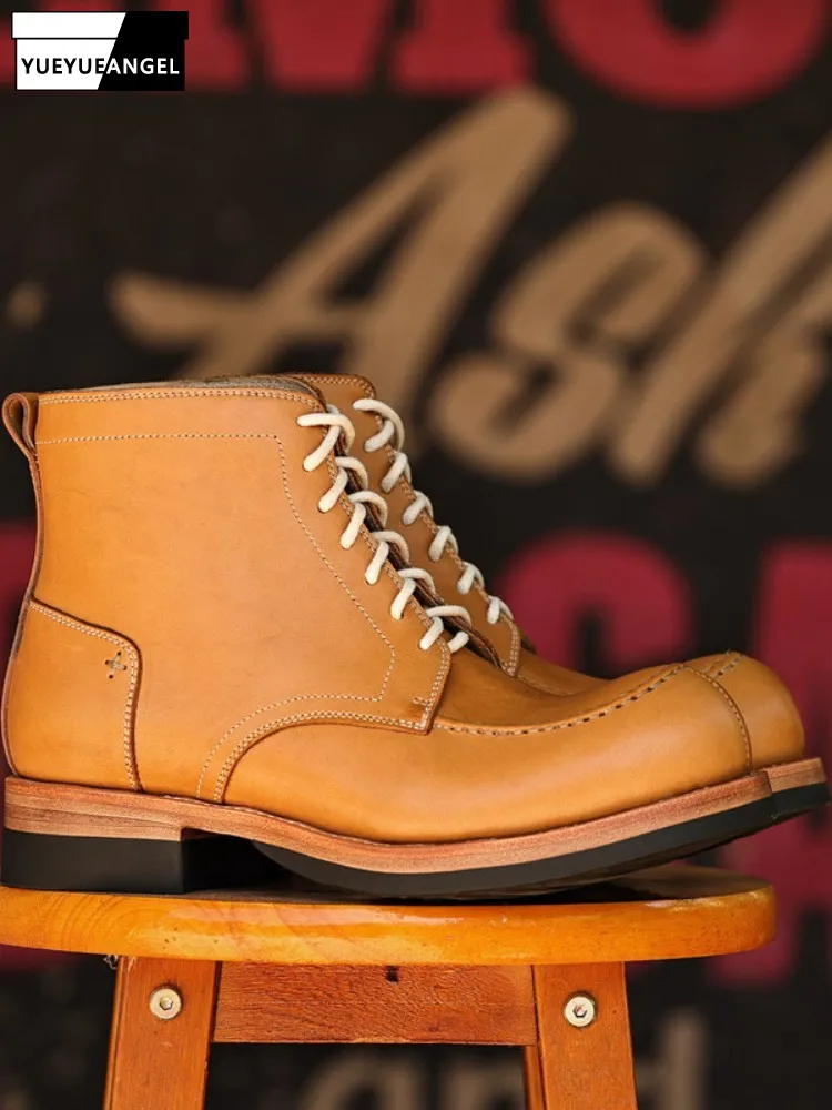 Botines con cordones y punta redonda de cuero genuino de estilo japonés, calzado de piel de vaca de Color sólido con plataforma para hombre, calzado alto resistente