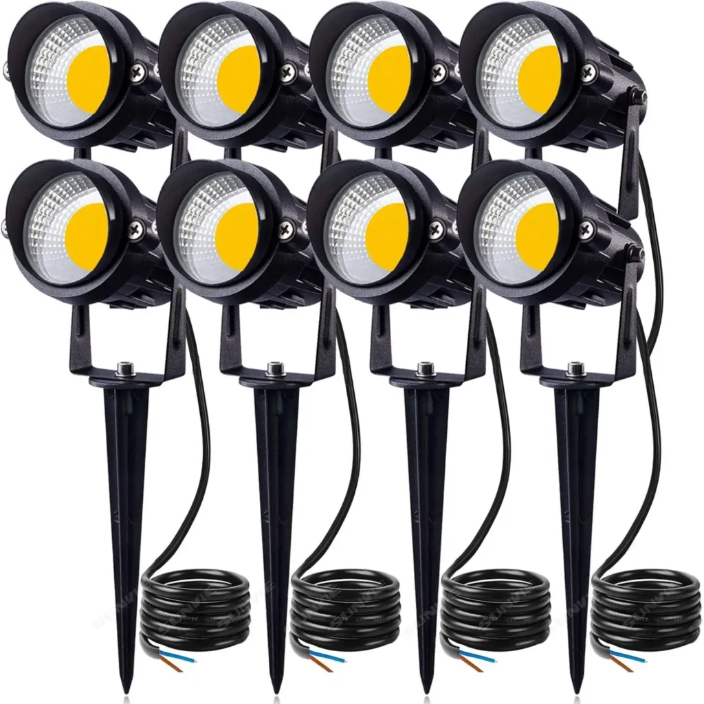 Luces LED de Jardín de 12W, Focos Exteriores Impermeables de Bajo Voltaje con Soporte de Estaca, Blanco Cálido 900LM (Paquete de 8)