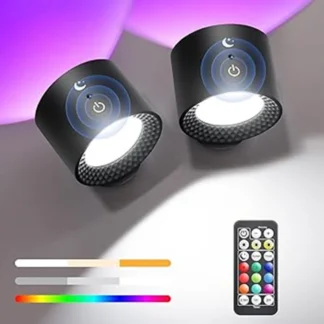9 Colores 360 ° Lámpara de pared con rotación, luces nocturnas montadas, LED RGB, arriba y abajo, lámpara de lectura inalámbrica recargable a distancia para dormitorio