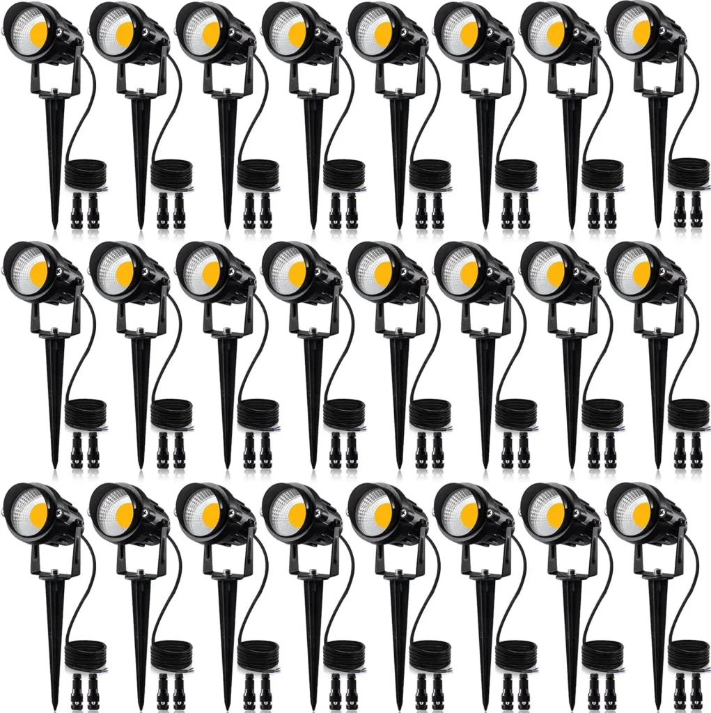 Paquete de 24 luces LED de paisaje de bajo voltaje, focos blancos cálidos de 12W con conectores, resistente al agua IP65 para camino de jardín y patio