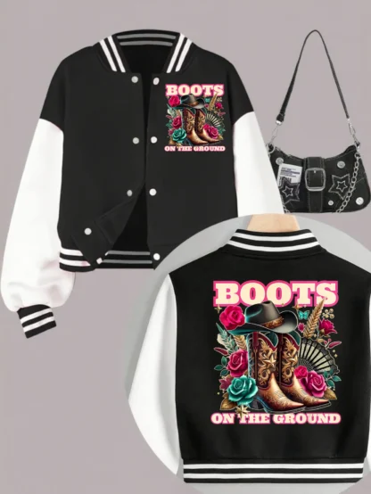 1 Uds Otoño Invierno ropa para niñas botas en el suelo estampado de doble cara corto recortado estilo escolar chaqueta de béisbol para niñas