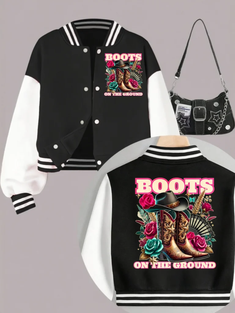 1 Uds Otoño Invierno ropa para niñas botas en el suelo estampado de doble cara corto recortado estilo escolar chaqueta de béisbol para niñas