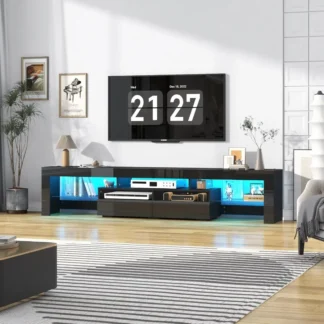 Soporte de TV LED de 86,6 pulgadas para TV de 85/90/95 pulgadas, soportes de TV negros modernos para sala de estar, centro de entretenimiento de TV de alto brillo con 2 grandes