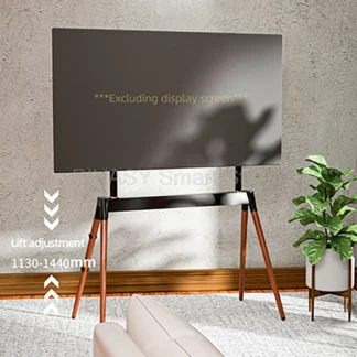 Soporte de TV artístico sin taladro, soporte de suelo de TV artístico moderno de 55-86 pulgadas, madera maciza para sala de estar, soporte de carga de 40KG con correas de seguridad