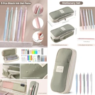 Estuche para lápices de gran capacidad con 5 bolígrafos de Gel negros de 0,5mm para estudiantes, bolsa grande para bolígrafos con cremallera para uso escolar y de oficina, Stat estético