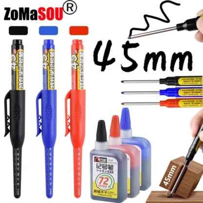 Punta de cabeza larga impermeable de 45mm, rotuladores de Agujero profundo, bolígrafo de carpintero para azulejos, multiusos para carpintería, tinta negra/azul/roja, 1-6 uds.