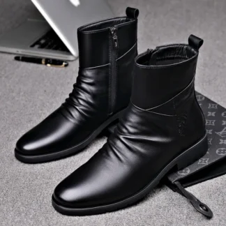 Botas de cuero genuino para hombre, botas de cuero de vaca de calidad, botas altas de moda para motocicleta, botas de vestir informales de negocios para hombre