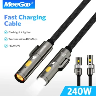 MeeGoo-Cable de carga rápida de 240w, linterna multifuncional tipo C a tipo C con encendedor y Cable USB C trenzado LED para todos los teléfonos