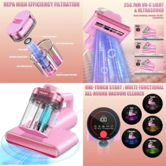 Aspirador de cama con luz UV-C: succión de 16 kPa, roscado de 33000 RPM, filtro HEPA, 149 ℉ Calor, Ultrasónico y Aniones para Colchón y Mascotas