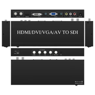 Convertidor multifuncional HDMI/DVI/VGA/AV a SDI, resolución de hasta 1080 p60 Hz, compatible con formatos NTSC,PAL,SECAM, con control remoto
