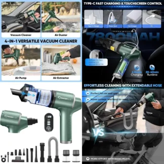 Aspiradora Portátil Inalámbrica 4 en 1 de Alta Potencia 20000PA con Pantalla LED para Auto y Hogar - Aspira, Sopla, Infla, Desempolva