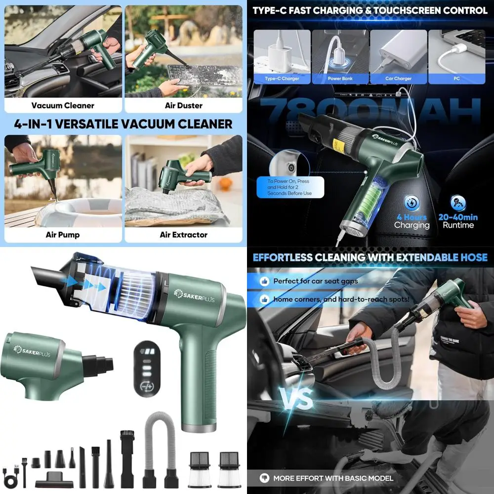 Aspiradora Portátil Inalámbrica 4 en 1 de Alta Potencia 20000PA con Pantalla LED para Auto y Hogar - Aspira, Sopla, Infla, Desempolva