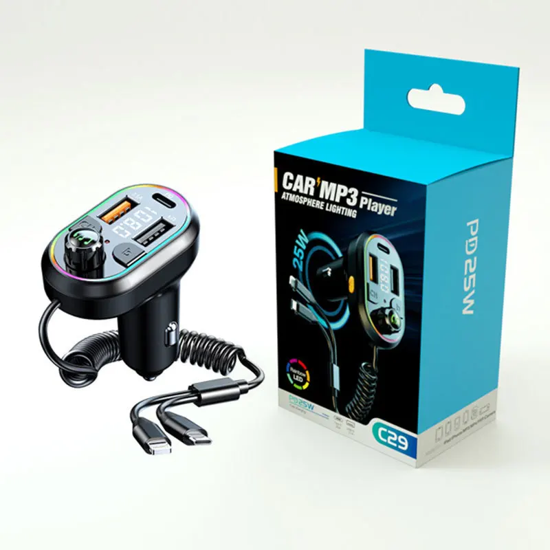Reproductor de MP3 para coche C29, transmisor FM Bluetooth 5,0, receptor de Audio inalámbrico PD 25W, carga rápida con Cable de carga Apple tipo C