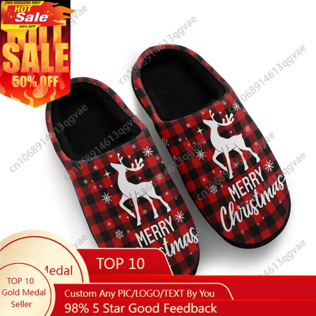 Zapatillas navideñas de algodón a cuadros con ciervo y búfalo para hombre y mujer, zapatillas informales de felpa para dormitorio para adolescentes, zapatos para mantener el calor, zapatillas hechas a medida