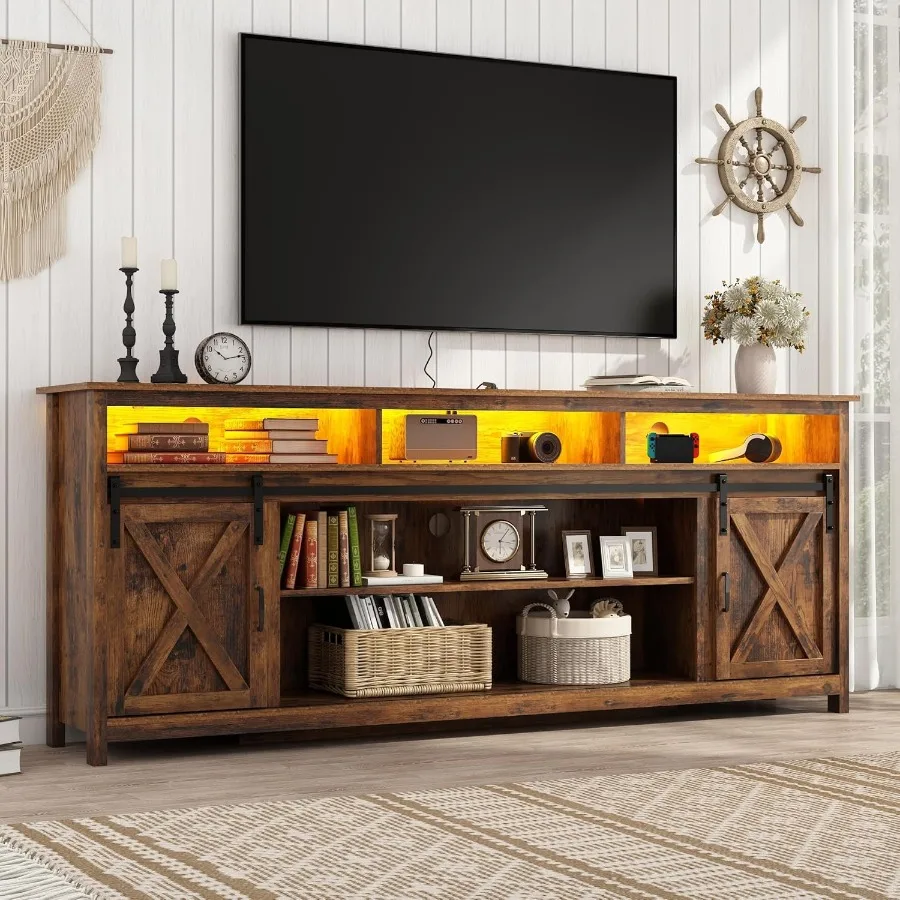 Centro de entretenimiento de madera estilo granja de 80 pulgadas para TV de 90/85 pulgadas, con almacenamiento de doble capa, soporte para TV con puerta corredera de madera marrón vintage.