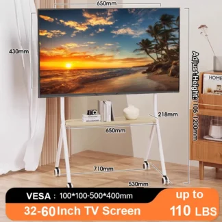 BEISHI Soporte para TV móvil con estante de madera, carrito para TV con ruedas fácil de montar para televisores de 32-60 pulgadas para sala de estar al aire libre