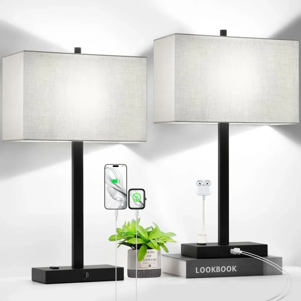 Paquete de 2 lámparas de noche táctiles con salidas USB y CA, LED regulable para dormitorio, sala de estar, oficina - Pantalla gris