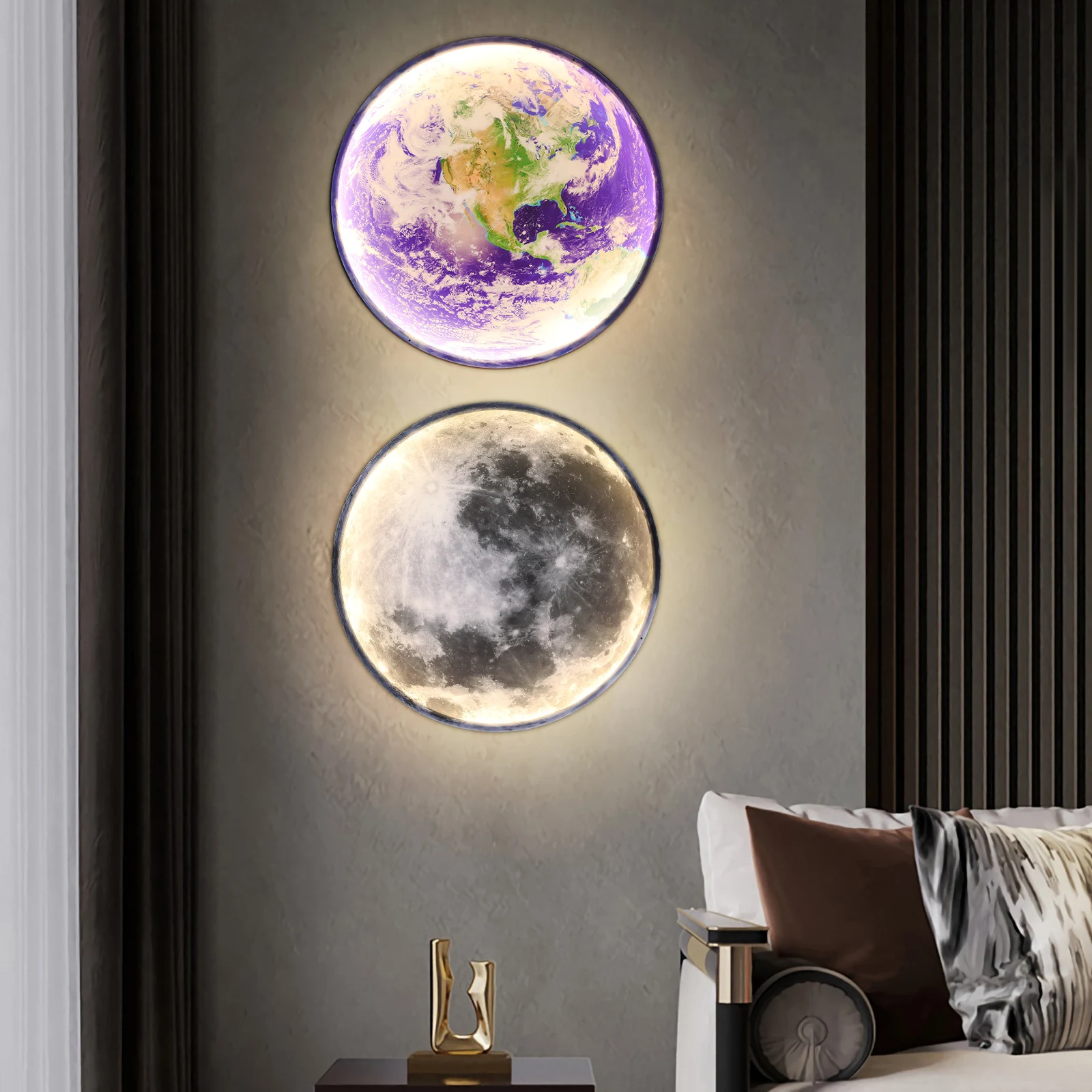 Aplique de pared de hierro con patrón de tierra/luna, lámpara de pared redonda de 110V, blanco cálido, Neutral, aplicable de 12-15m2 para dormitorios
