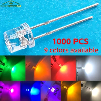1000 Uds F5 5mm parte superior plana blanco rojo amarillo azul verde diodo emisor LED gran angular bombillas ultra superbrillantes F5 diodos de lámpara de luz