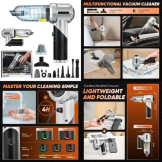 Aspiradora de Mano Inalámbrica Portátil de 17000PA con Diseño Plegable y Motor sin Escobillas para Automóvil, Mascotas y Uso Doméstico