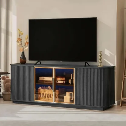 64 Soporte para TV estriado para televisores de hasta 75 pulgadas Centro de entretenimiento moderno con puerta de aluminio, puerta de vidrio templado con marco y anuncios de color