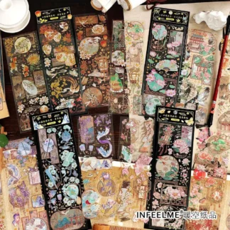 Mr. Paper-pegatinas de tira larga con estampado en caliente 3D, pegatina temática de loto de estilo antiguo chino, decoración de álbum de recortes, 2 unids/lote por paquete