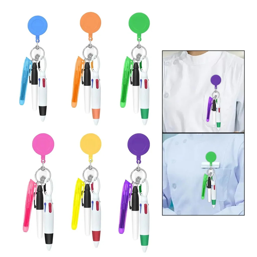Porta credencial retráctil, bolígrafo lanzadera compacto con llavero con hebilla, recuerdo de fiesta de punta fina, clips multiusos para insignia de enfermería,