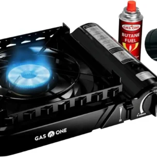 Estufa de camping portátil de doble combustible con salida de 15.000 BTU, encendido piezoeléctrico y estuche de transporte para cocinar al aire libre