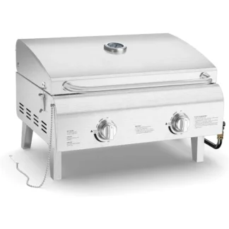 Parrilla de gas portátil de acero inoxidable - Parrilla de gas propano para barbacoa de sobremesa de fácil limpieza con 2 quemadores con patas plegables y resistente al viento