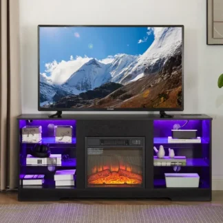 Soporte para TV con chimenea con 18 chimenea eléctrica y centro de entretenimiento de madera y vidrio con efecto de llama 3D con iluminación LED para televisores