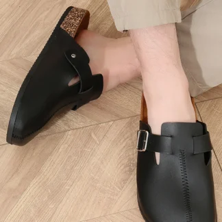 Mulas para hombre, mocasines informales sin cordones Retro de primavera, zapatillas planas antideslizantes con punta cerrada y grano de corcho superior de Pu con hebilla ajustable