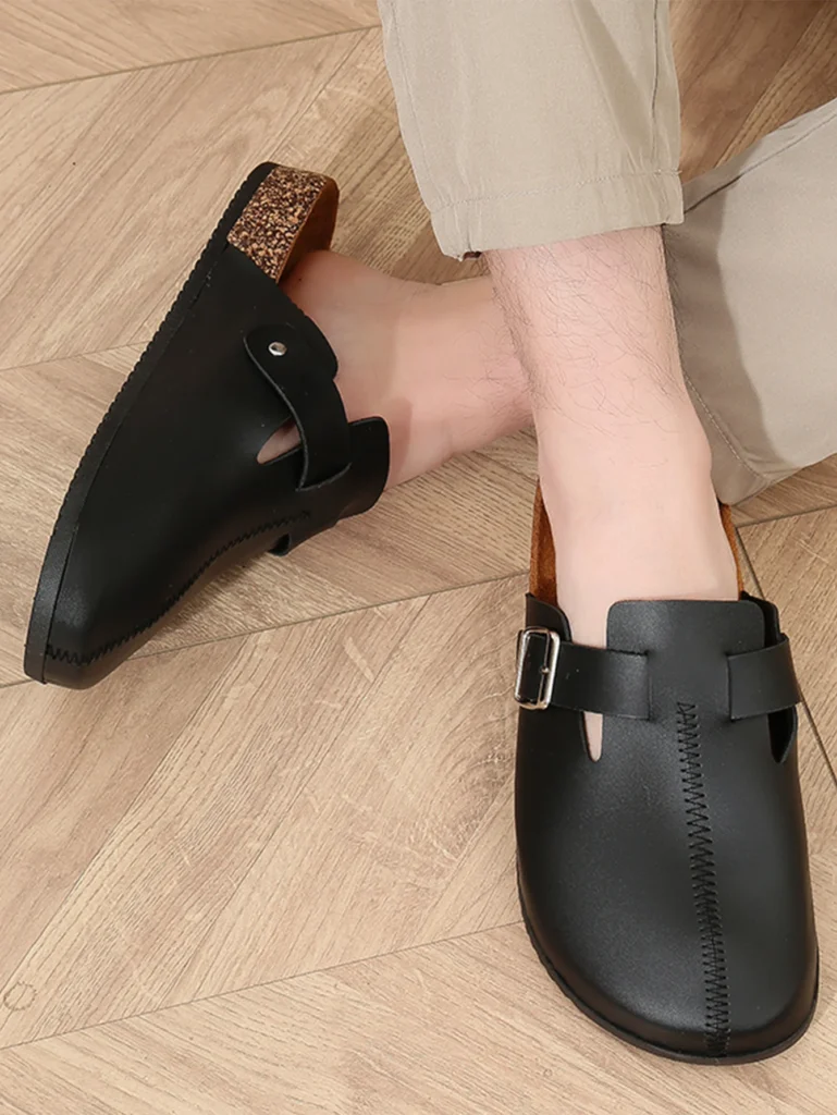 Mulas para hombre, mocasines informales sin cordones Retro de primavera, zapatillas planas antideslizantes con punta cerrada y grano de corcho superior de Pu con hebilla ajustable