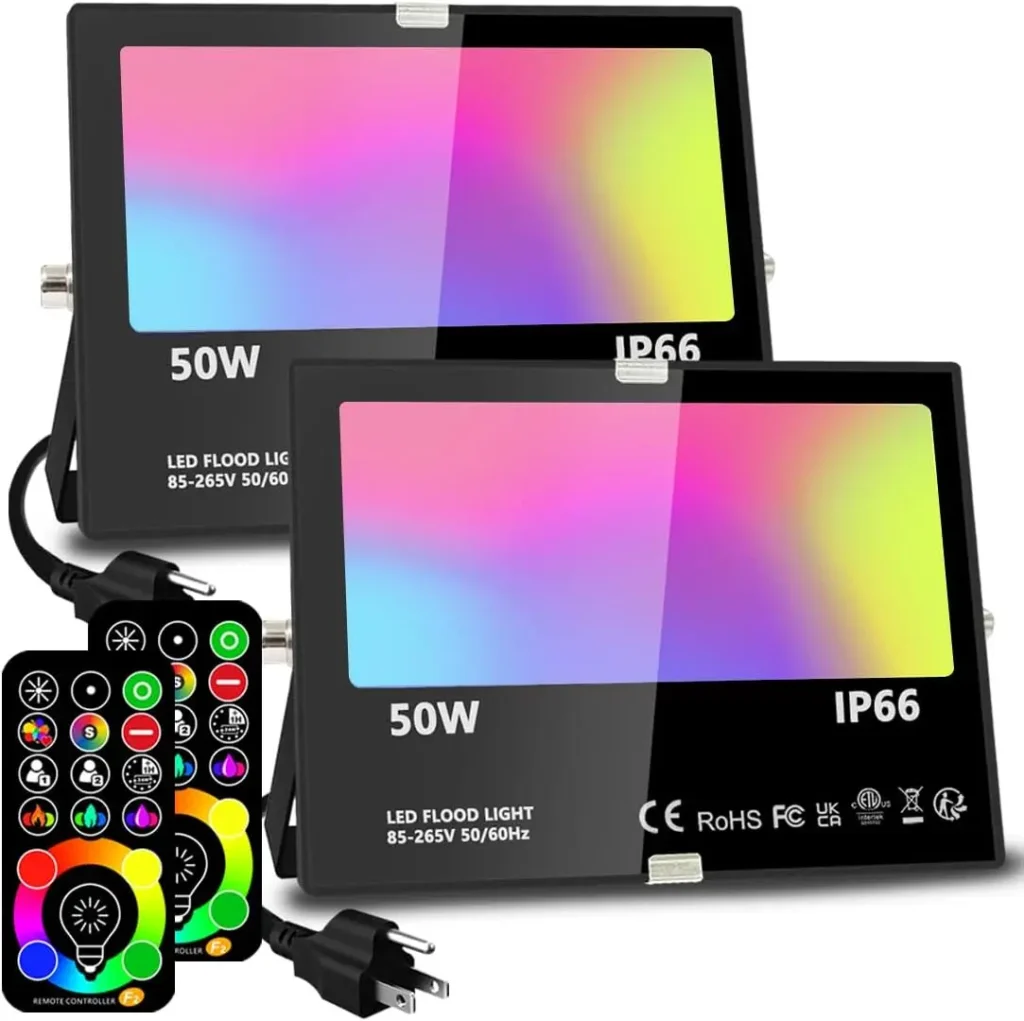Luces de inundación para exteriores RGBW de 50 W con control remoto, 120 colores, regulables, sincronización, resistente al agua IP66 (paquete de 2)