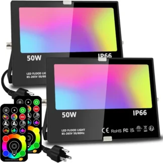 Luces de inundación para exteriores RGBW de 50 W con control remoto, 120 colores, regulables, sincronización, resistente al agua IP66 (paquete de 2)