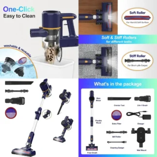 Aspiradora inalámbrica 6 en 1, batería de 2200 mAh, liviana para suelos de madera dura y pelo de mascotas (azul)