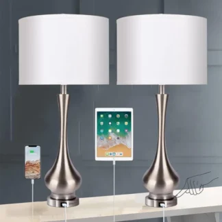 Lámparas de mesa modernas grandes de 30 ", juego de 2 para sala de estar, dormitorio con puerto de carga USB, mesita de noche de acero cepillado regulable en 3 direcciones