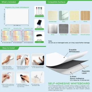 Pizarra blanca de pared magnética adhesiva, 26x17, con tabla de matemáticas para el aprendizaje de niños en casa y la escuela