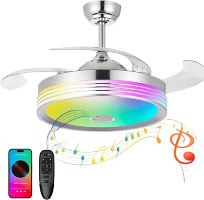 Ventilador de Techo Retráctil de 42 Pulgadas con Luces, Control Remoto, Altavoz Bluetooth, Colores RGB para Dormitorio y Sala de Estar