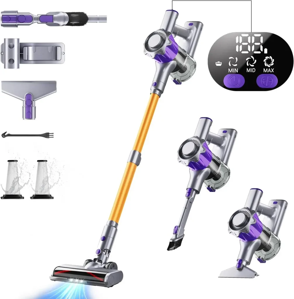 Aspiradora de varilla inalámbrica de 580W y 50Kpa, tiempo de ejecución de 70 minutos, antienredos para suelos de madera dura, alfombras, pelo de mascota