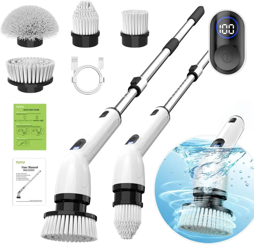 Depurador giratorio eléctrico, limpiador de ducha inalámbrico impermeable con pantalla LCD, mango ajustable para pared de baño y cocina