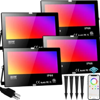 Luz de inundación LED RGBW inteligente, 80W, Bluetooth, Control por aplicación, iluminación exterior impermeable, paquete de 4