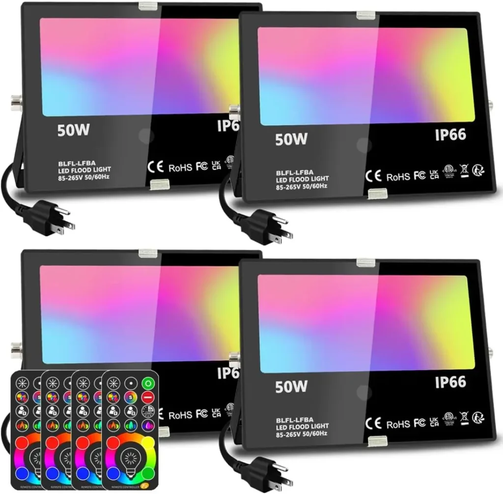 Luces de Inundación Exteriores RGBW de 50W, Paquete de 4 con Control Remoto, 120 Colores, Regulable, Temporizador, Impermeable IP66