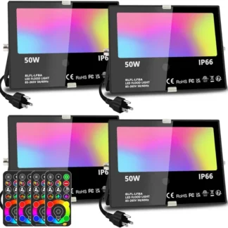 Luces de Inundación Exteriores RGBW de 50W, Paquete de 4 con Control Remoto, 120 Colores, Regulable, Temporizador, Impermeable IP66