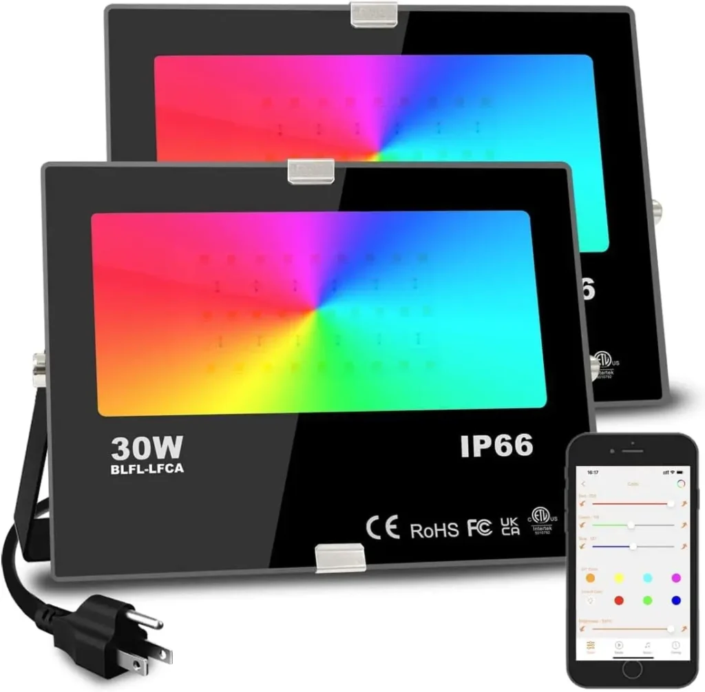 Luz de inundación LED RGB inteligente de 30W, luces de paisaje de escenario al aire libre que cambian de color Bluetooth, resistente al agua IP66 (paquete de 2)