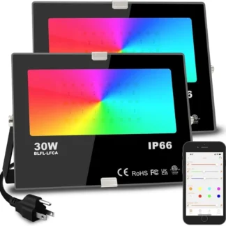 Luz de inundación LED RGB inteligente de 30W, luces de paisaje de escenario al aire libre que cambian de color Bluetooth, resistente al agua IP66 (paquete de 2)