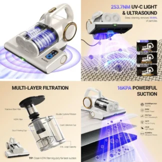 Aspiradora para Cama con UV-C de 16Kpa y 140 ° Calefactor con filtro HEPA, con cable, para cama, sofá, cuna